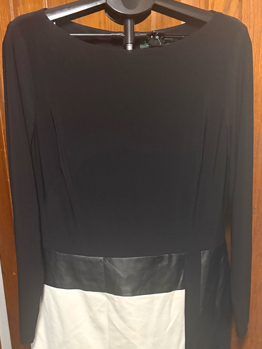Lauren Ralph Lauren Black Cream Color Block Leather Trim Long Sleeve Sheath